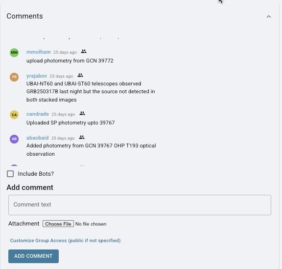 Screenshot of comments section on Skyportal.